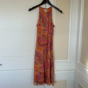 Ann Taylor Women's Orange, Pink Paisley Silk Halter neck Midi Dress, 6P